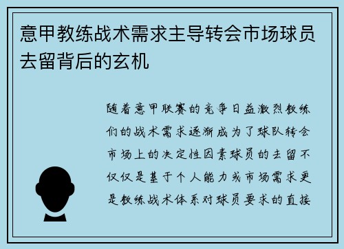 意甲教练战术需求主导转会市场球员去留背后的玄机
